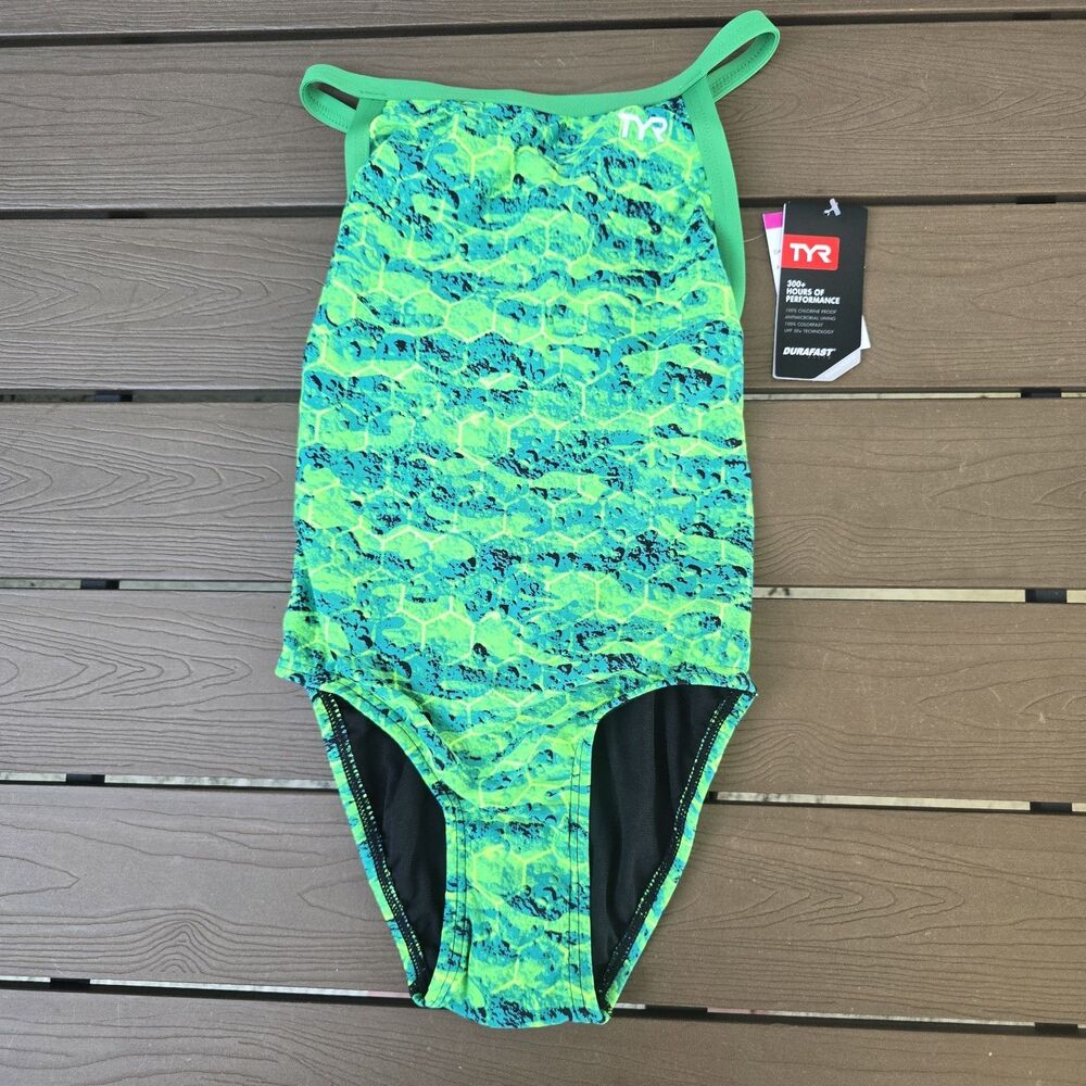 TYR Youth Girl's Durafast Elite Agran Green One Piece Swimsuit SZ 26 New